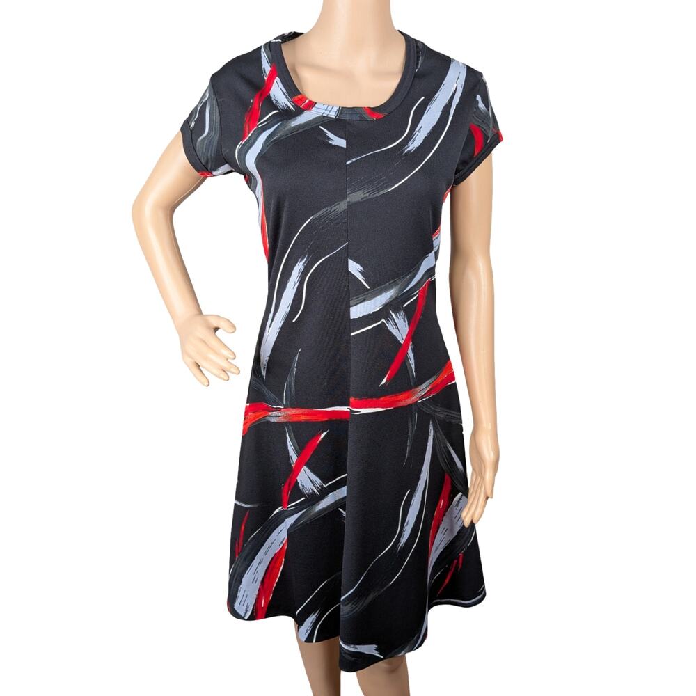 Vintage 70s Mod Red Black Abstract Brushstroke Cap Sleeve A-Line Dress S/M